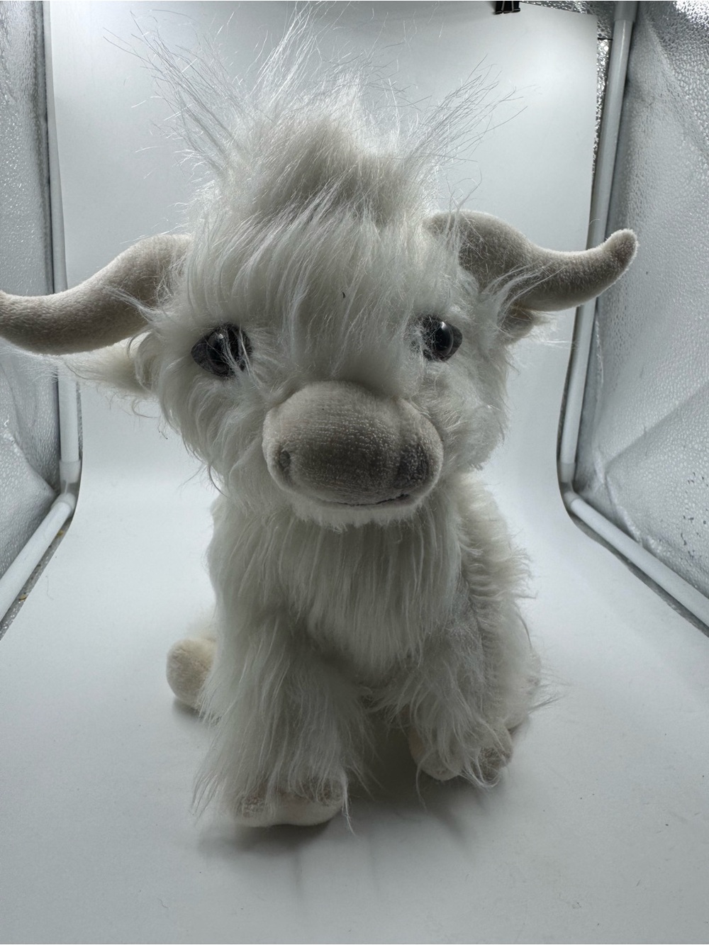 9” white Highland Cow Plush Toy Soft Stuffed Scottish Cattle Doll Farm Animal